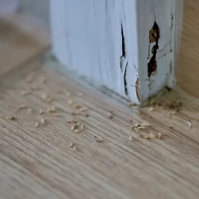 Wood damage and dead termites on floor